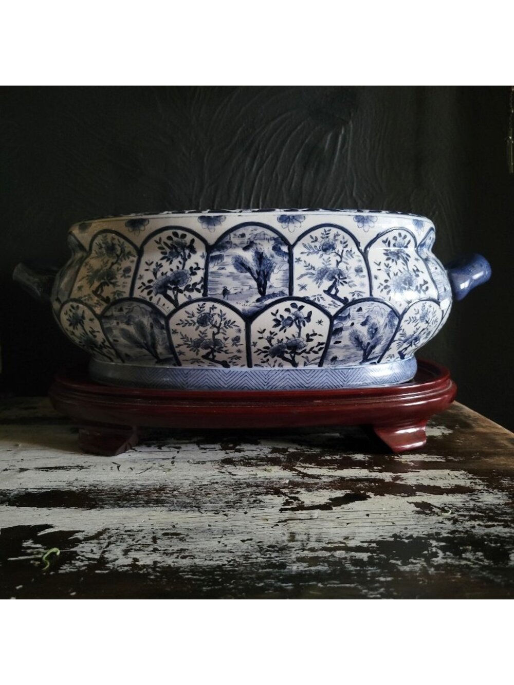 Vintage Blue & White Chinoiserie Double-Handle Porcelain Foot Bath w/Wood Stand